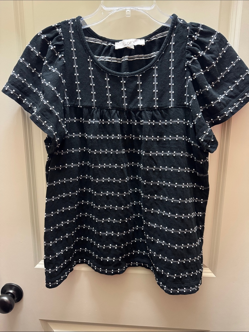 LOFT Black Short Sleeve Top with White Dot-Stripe Detail